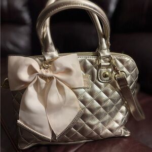 Betsey Johnson Gold Quilted Satchel with Cream Bow NWOT